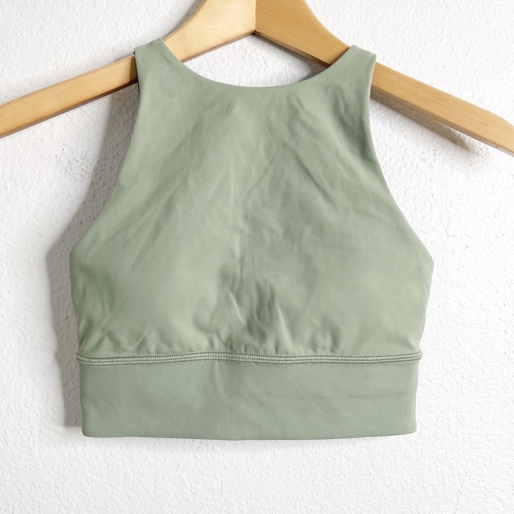 Lululemon Energy Bra High Neck Longline Sage Green Blue Strappy Back Sz 4